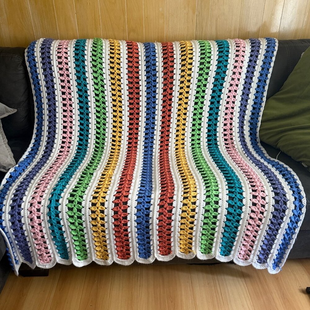 Handmade Crochet Rainbow Striped Throw Blanket 60" X 75” Multicolor Soft Acrylic
